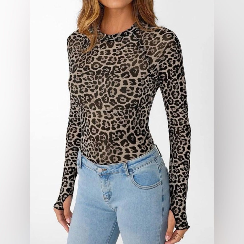 Cheetah Mesh Sheer Long Sleeve Mockneck Fitted Top Ruffle Lettuce Trim Dealmore